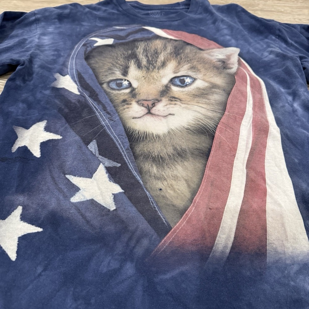 Vtg Patriotic Cat Graphic Shirt American Flag Kitten USA Tie‎ Dye Blue Cotton - Picture 2 of 5